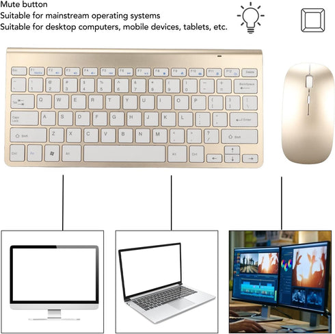 Keyboard Mouse Set, 2.4G USB Thin Ergonomic Mute for Computer (Luxury Gold Color)