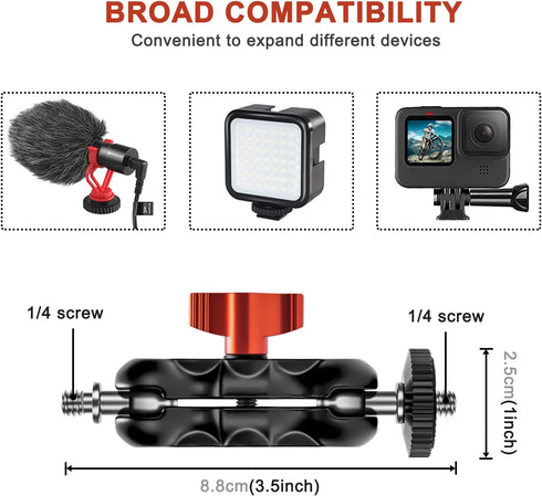 Super Clamp Camera Mount with Double Ball Head Adapter - 360° Rotation, Compatible with Canon Nikon DSLR, Gopro, LED