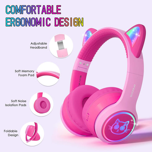 IFECCO Kids Bluetooth Headphones with Microphone, Cute Light Up Cat Ear Wireless Volume-limiting for Travel