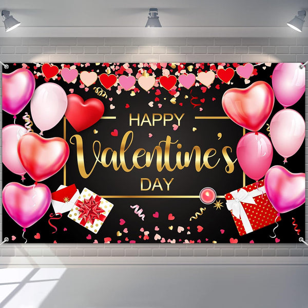 Sumind Happy Valentine‘s Day Banner 73''x43'' Heart Photography Backdrop for Valentines Day Party Decorations