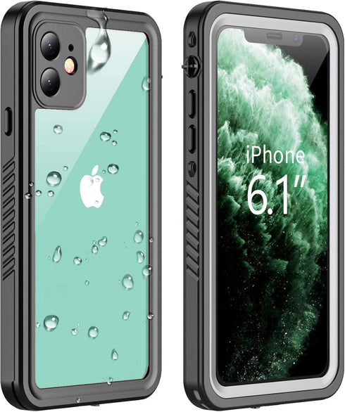 Compatible with iPhone 11 Black/Clear Waterproof Case, Full-Body Rugged Bumper with Built-in Screen Protector