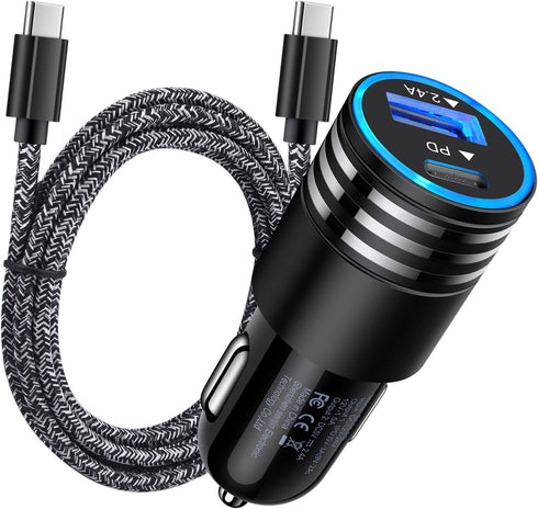 30W Fast iPhone Car Charger Type C Adapter with 3FT USB C Fast Charging Cable for iPhone 15/Samsung Galaxy S24/S23