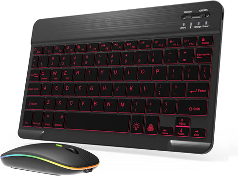 Backlit Bluetooth Keyboard and Mouse Combo, Ultra Slim Wireless for iPad Air Pro Mini, iPhone, Android, Rechargeable,