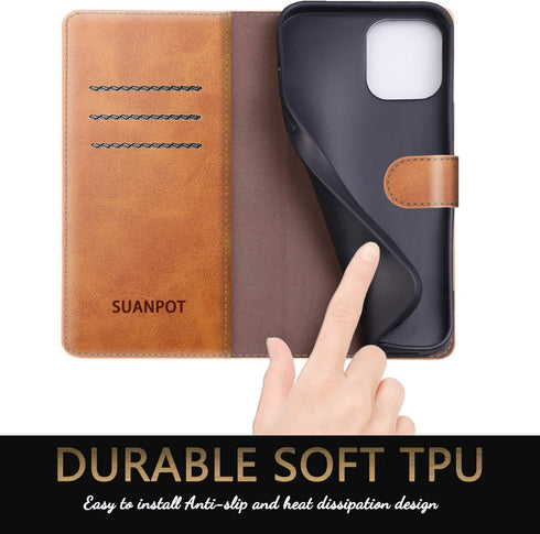 SUANPOT Leather Wallet Case for iPhone 12/12 Pro, RFID Blocking, Card Holder, Shockproof Flip Cover, Light Brown