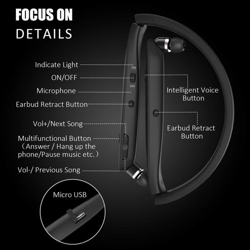 RoomyRoc Bluetooth Headphones, Wireless Neckband Headset with Retractable Earbuds, Sports Noise Cancelling