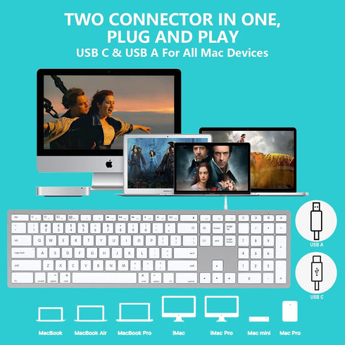Wired Keyboard for Mac, Full Size with 20 Multimedia Shortcut Keys, USB A/USB C Compatible for Apple Mac Pro/Mini,