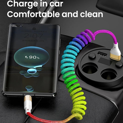 Rainbow Coiled Fast Charging Cable, USB C Spring Retractable Charger Cable for Car, 3FT Nylon Braided Type C Data