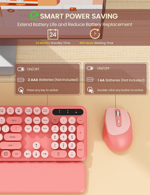 Wireless Keyboard and Mouse Combo, Cute Typewriter Keyboard with Detachable Wrist Rest, Retro Round Keycaps