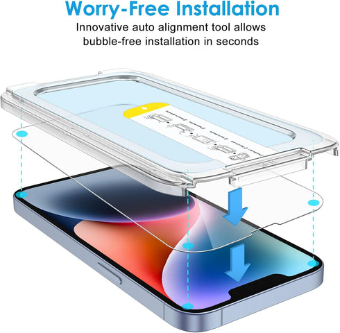 JETech One Touch Install Screen Protector for iPhone 14 6.1-Inch, Full Coverage Tempered Glass Film, 2-Pack