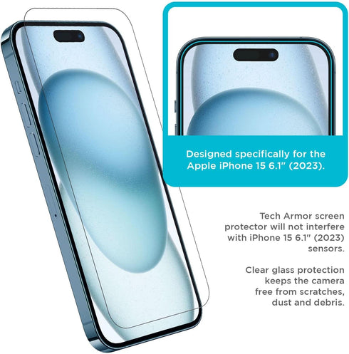 Tech Armor iPhone 15 Screen Protector 6.1" - 9H Hardness, HD, Case Friendly, Ballistic Glass, 3 Pack + Bonus Lens