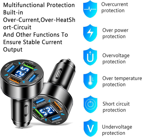 66W Fast Car Charger, 4 Ports Cigarette Lighter USB Charger with LED Voltmeter, QC3.0/Super Port Fast Charging Adapter
