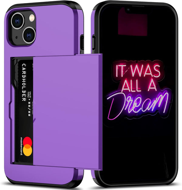 Nvollnoe Purple iPhone 13 Case, Heavy Duty Protective Dual Layer Shockproof Hidden Card Slot Slim Wallet Case