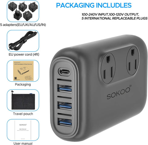 SOKOO International Power Adapter 220V to 110V Converter, 3 USB A & 1 USB C, Step Down Power Adapter Combo for Hair