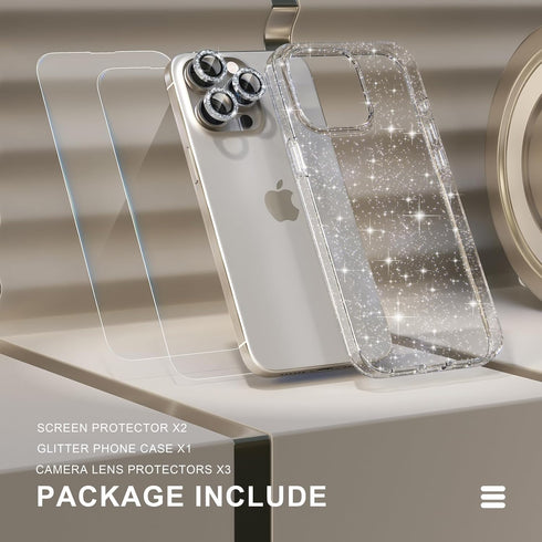 Choiche iPhone 15 Pro Max Case, Glitter Clear with 3 x Diamond Camera Lens Protectors & 2 x Tempered Glass