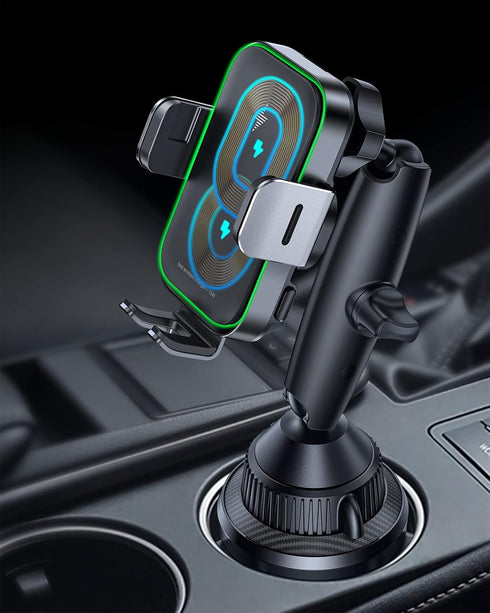 APPS2Car Dual Coil Wireless Car Charger Auto Clamping 15W Cup Holder Phone Mount for iPhone 16 15 14 13 Samsung