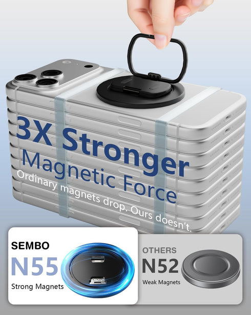 SEMBO 360 17 16 15 14 13 12(Black) Magnetic Phone Ring Holder with Kickstand for MagSafe, Two-Sided Magnet, Rotation