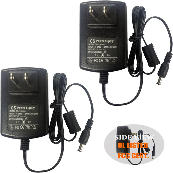 2pack AC to DC 12V 3A Power Adapter Supply for Cameras, DVR, NVR, LED Light Strip, UL Listed FCC