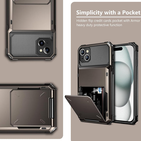 Vofolen iPhone 15 Plus Case, Gun Metal, Dual Layer Shockproof Wallet with Card Holder, 4-Card Slot, 6.7'' Protective