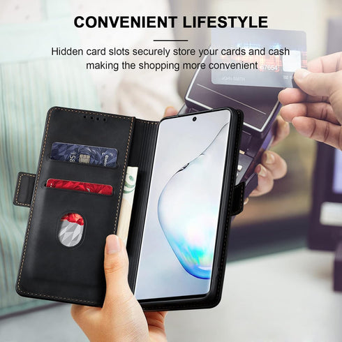 Flip Wallet Case for Samsung Galaxy Note 10 Plus, Leather Magnetic Folio Cover with Card Holder, Kickstand - TPU