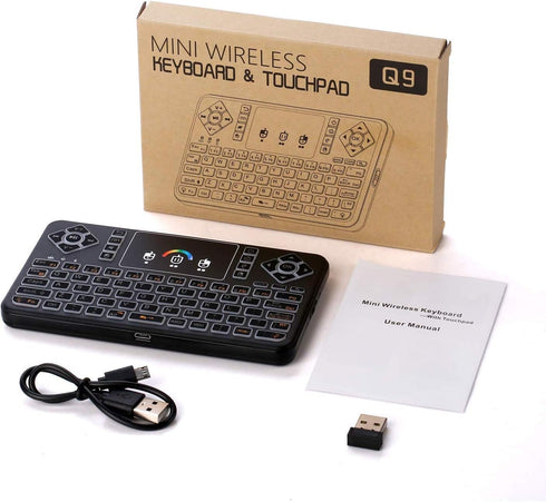 Mini Wireless Keyboard Q9 with Touchpad, Colorful Backlit, Rechargeable Handheld Remote for PC, Raspberry Pi 4, Android