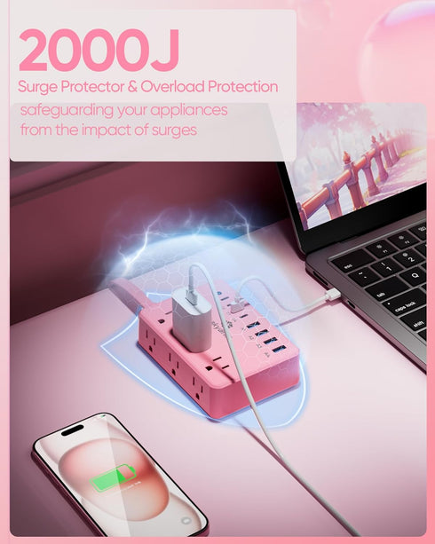 kakyanill 6 8 Ports(4 2000J 5ft Pink Power Strip, AC Outlets USB USB C) with Surge Protector, Flat Plug Pink Extension