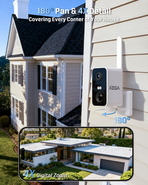 Xega 4G 10000mAh 180, 2K 2-Way IP66, Cellular Security Camera: Battery, No WiFi Need, Pan Motion Detection, Color Night