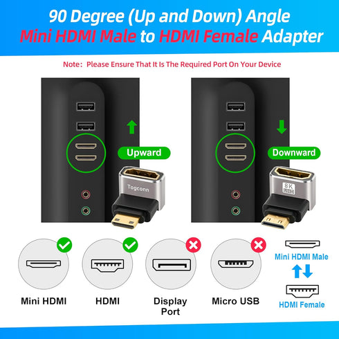 Togconn 90 2 Pack, 8K@60Hz,4K@120Hz Degree Mini HDMI to HDMI Adapter (Up and Down) Right Angle Mini HDMI (Male) to HDMI