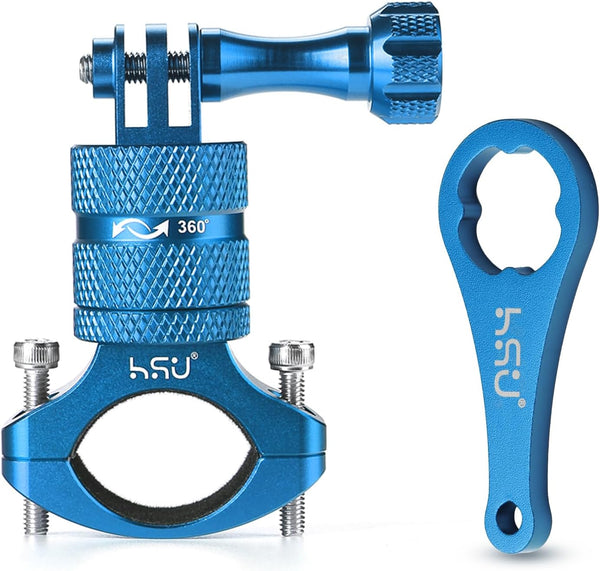 HSU Aluminum Bike Handlebar Mount for Gopro Hero 12/11/10/9/8/7/6/5/4 Session, 360 Degrees Rotary Rack Mount (Blue)