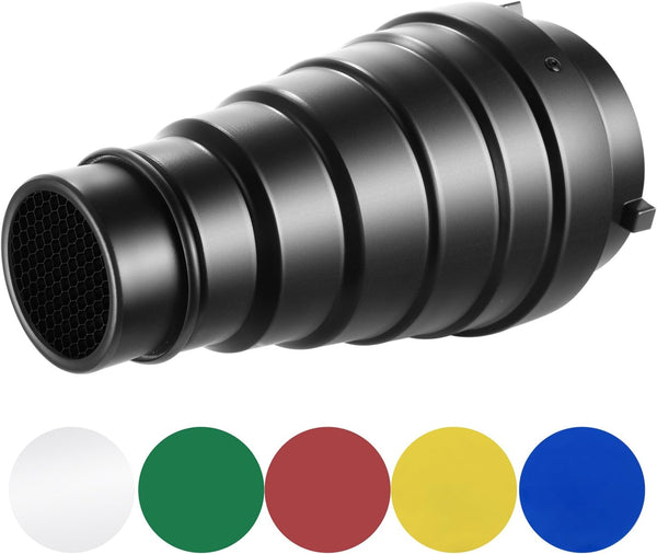 Neewer Medium Aluminum Alloy Conical Snoot Kit with Honeycomb Grid and 5 Color Gel Filters for Studio Flash