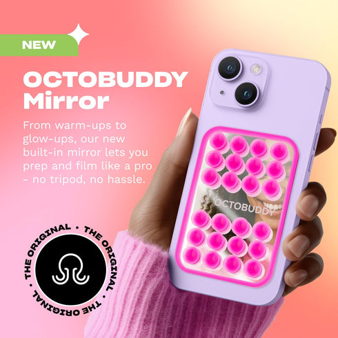 OCTOBUDDY 2.6 3.9, Mirror - OG Suction Cup Phone Mount - Silicone Suction Grip Mobile Holder with Built-in Mirror