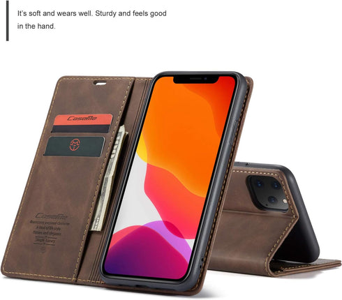 SINIANL iPhone 11 Pro Wallet Case, Leather Flip Case with Kickstand, Credit Card Slot, Magnetic Closure, Coffee