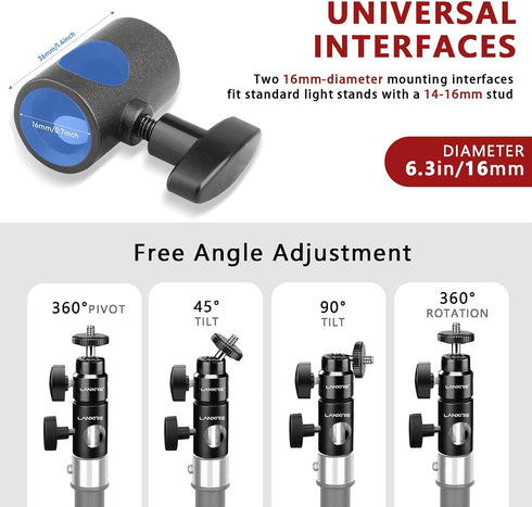 Light Stand Mount Adapter with Mini Ball Head 1/4" Screw - Fits C Stand, Boom Arm, Camera Monitor, Max Load 4.4lb