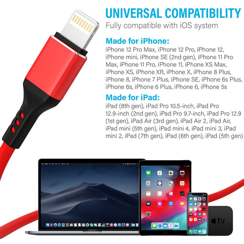 Apple MFi Certified iPhone Charger Cable 2 Pack, 6 FT Red, Fast Charging & Data Sync, Compatible with iPhone 14, 13,