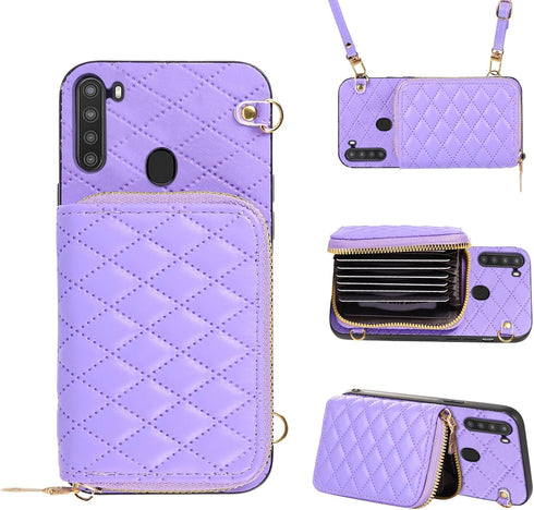 Furiet Zipper Wallet Case for Samsung Galaxy A21, Crossbody Strap, 8 Card Slots, TPU Leather Cover - Purple