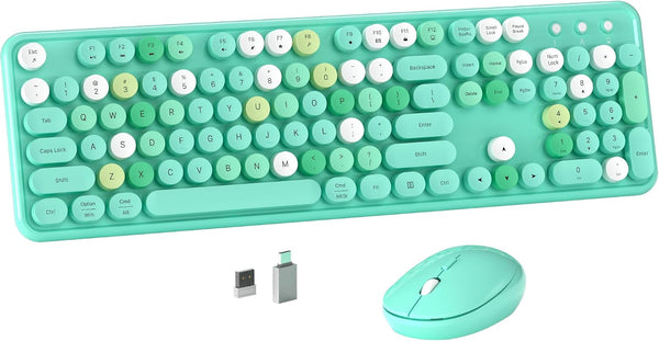 MPTOG Colorful Wireless Computer Keyboard and Mouse Combo with Round Typewriter Keycaps, Retro