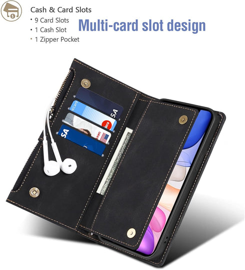 iPhone 11 Pro Max Wallet Case with Tempered Glass, Zipper Credit Card Holder, Crossbody Strap, Black.