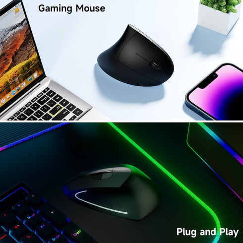 Stylish Ergonomic Optical Wireless Mouse, Rechargeable 2.4G Vertical Mice, Cordless with USB Receiver, 800/1200/1600
