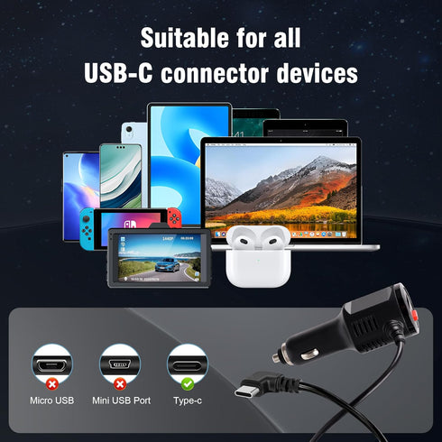GIASYIEH 90 Truck(11.5FT) Dash Cam Charger USB C, Dual Port Dashcam Power Adapter with Switch Type C Degree Angled Car