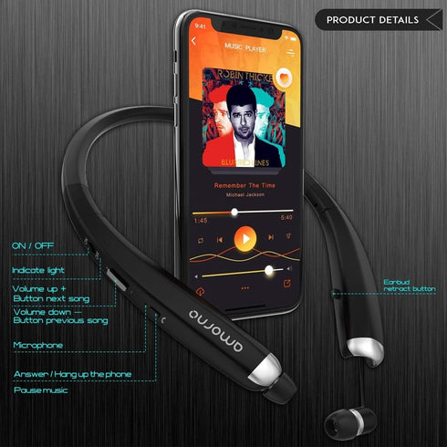 AMORNO Foldable Bluetooth Headphones, Wireless Neckband Sports Headset with Retractable Earbuds, Sweatproof Noise Cancelling Stereo Earphones with Mic (Black)