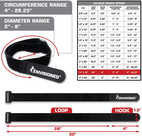 Velour Cinch Straps 1.5" x 30", 6 Pack, Soft Touch Microfiber Reusable Hook and Loop