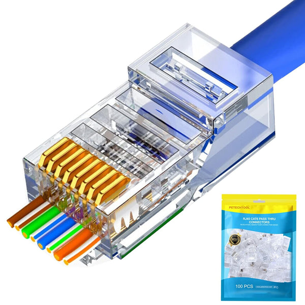 PETECHTOOL RJ45 Cat6/Cat5 Gold Plated 8P8C Ethernet Pass Through Connectors (100 Pack)