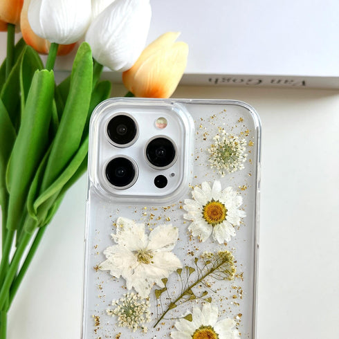iPhone 15 Pro Max Clear Case with Glitter White Floral Design, Slim Soft TPU, Pressed Real Flowers, Women's Phone Cover.