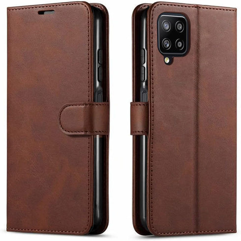 STARSHOP Compatible Samsung Galaxy A12 Phone Case, Leather Wallet Cover with Tempered Glass Protector, Brown