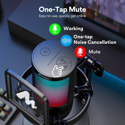 MAONO Gaming Microphone USB for PC, RGB Lights, Noise Cancellation Condenser Mic, Mute, Gain for Streaming, Recording,