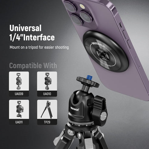 NEEWER Magnetic Phone Tripod Mount Adapter with 1/4" Holes, Compatible with iPhone MagSafe, Phone Holder for Video