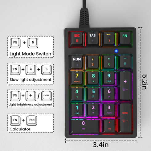 Gurjot 21 Number Pad, Mechanical USB Wired Numeric Keypad with Color Backlit Key Numpad for Laptop Desktop Computer PC