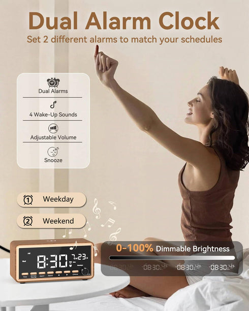 Charging,Dimmable Digital Alarm Clocks Radio for Bedrooms,FM Radio & White Noise Sound Machine with Timer,Bluetooth