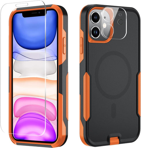 iPhone 11 Magnetic Case with Tempered Glass Screen Protector & Camera Lens Protector - MagSafe Compatible (Black/Orange)
