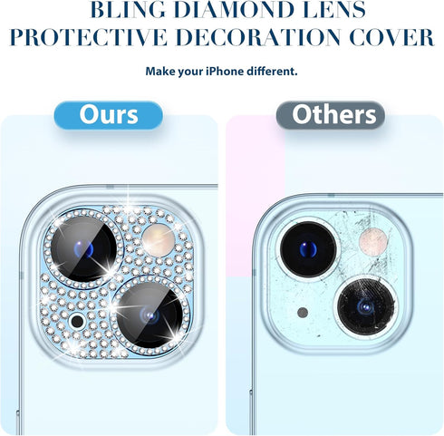 Goton Camera Lens Protector for iPhone 15 Plus, Bling Tempered Glass with Glitter Diamond Metal Cover, Blue