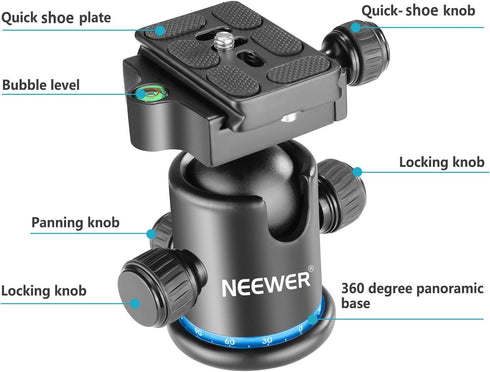 NEEWER 36MM Tripod Ball Head 360° Panoramic Metal with Quick Release Plate, Max Load 17.6lb/8kg, Blue